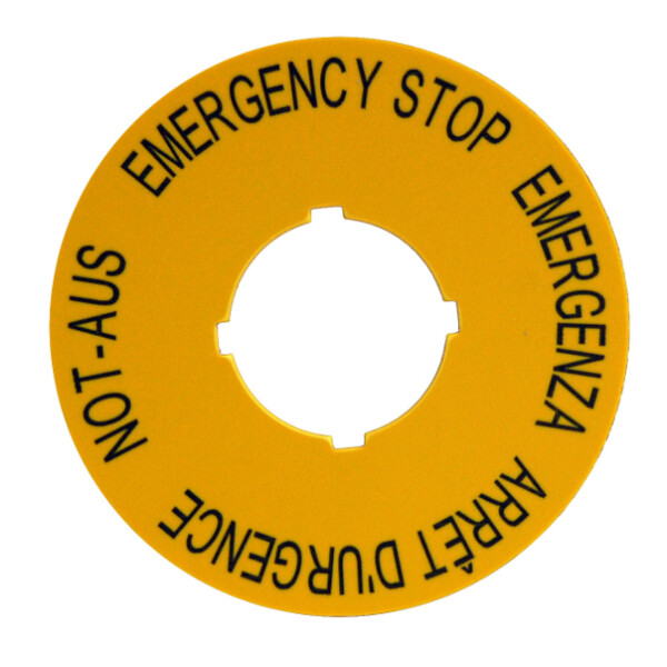 MM216465-- Not-Aus Schild D=90mm 4-sprachig Befehls- und Meldegerät